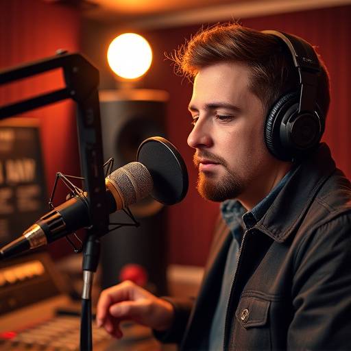 Locutor falando ao microfone durante a gravaäão de um comercial de rádio.