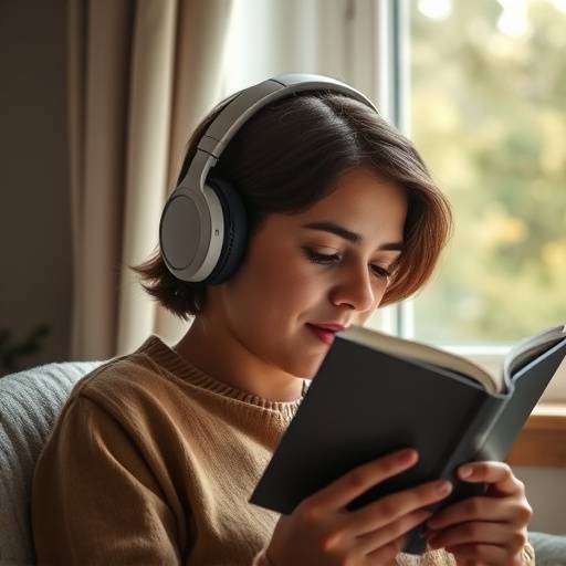 Pessoa ouvindo um audiolivro com fones de ouvido.