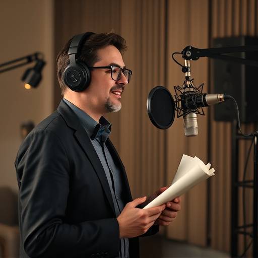 Um locutor profissional gravando a narraäão para um vídeo em um estüdio bem equipado.