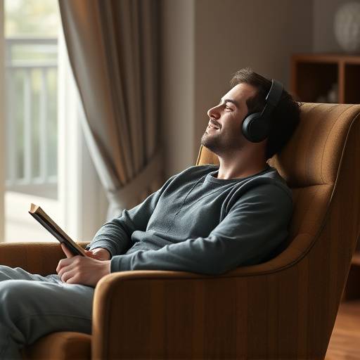 Uma pessoa relaxando em uma poltrona, ouvindo um audiolivro com fones de ouvido em um ambiente tranquilo.